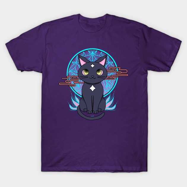 Cute anime black cat illustration with white stars. Cyberpunk manga cat. T-Shirt by ChrisiMM